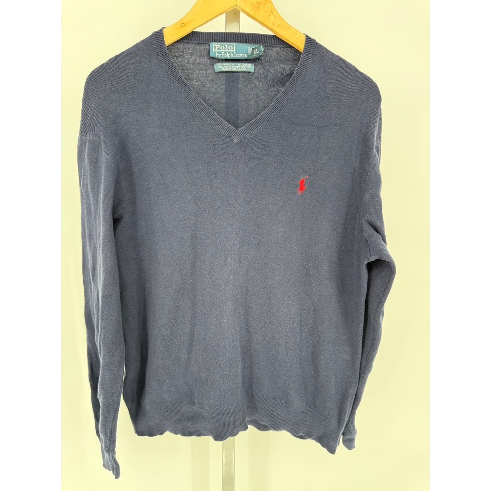 Polo Ralph Lauren Mens Navy Blue V-Neck Pima Cotton Sweater L
